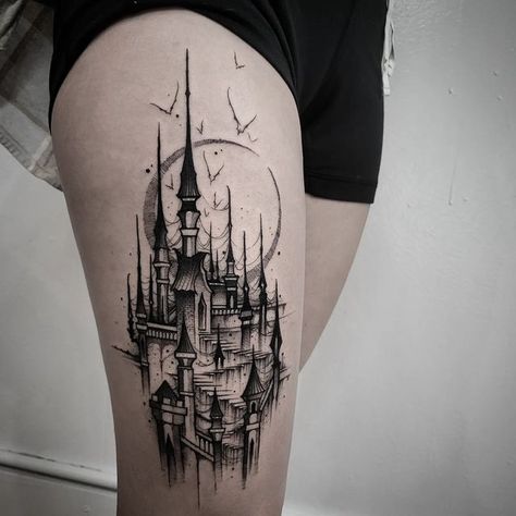 Castle Tattoo, Goth Tattoo, Fantasy Tattoos, Elbow Tattoos, Gothic Tattoo, Line Art Tattoos, Dark Tattoo, Half Sleeve Tattoo, Gothic Architecture