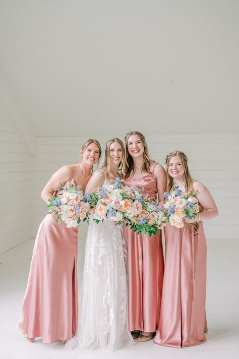 A Soft Pink And Coastal Blue Wedding At Grandeur House In Arkansas #weddingcolors #pinkwedding Pink And Blue Bridesmaid Dresses, Pink Satin Bridesmaid Dresses, Coastal Blue Wedding, Bridesmaid Dresses Pastel, Planning Wedding Checklist, Wedding Planning Organization, Wedding Ideas Modern, Wedding Planning Organizer, Checklist Ideas