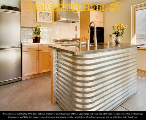 Cool Corrugations: Metal Roof Sheeting Decorator Ideas: sparkling ... Sheet Metal Wall, Kitchen Spotlights, Repurposed Kitchen, Mobile Home Living, Pole Barn House Plans, Barndominium Floor Plans, Remodeling Mobile Homes, Corrugated Metal, Metal Kitchen