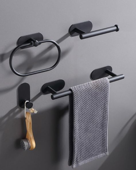 Toilet Accessories Set, Black Bathroom Hardware, Stainless Steel Bathroom Accessories, Black Towel Bar, Towel Ring Bathroom, Bar Toilet, Washroom Accessories, Matte Black Faucet, Towel Hangers For Bathroom