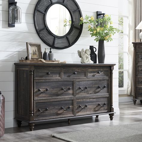 Dresser Top Ideas, Column Decor, Rustic Chest Of Drawers, Dresser Styling, Dressers For Bedroom, Distressed Wood Furniture, Wood Column, 7 Drawer Dresser, Cedar Chest