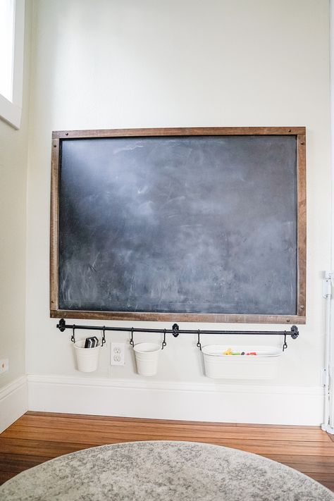 DIY Magnetic Chalkboard | Life on Beacon Wall Mounted Chalkboard, Playroom Magnetic Chalkboard, Indoor Chalkboard Wall, Chalk Wall In Playroom, Painted Chalkboard Wall, Chalkboard Wall Playroom Ideas, Playroom Blackboard, Magnet Wall For Kids, Large Chalkboard Ideas