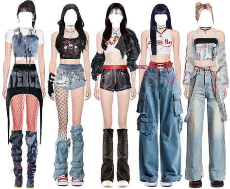 Kpop Outfits 4 Members, 4 Member Girl Group Outfits, 5 Member Girl Group Outfits, 5 Member Girl Group, Girl Group Outfits, Dance Performance Outfits, Kpop Streetwear, Kpop Costume, Ideas For Black Hair