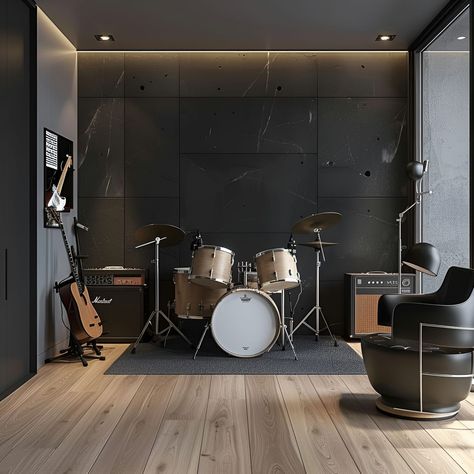 Explore this sleek modern music room featuring a minimalist design with black walls, a professional drum set, and an electric guitar. The room combines grey marble wall panels with wooden flooring for a chic, sophisticated ambiance. Perfect for any musician, this studio space is designed with modern architecture and a neutral grey color scheme, offering both style and functionality.