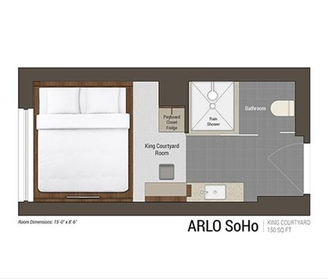 Tiny Hotel Room, Arlo Nomad, Hotel Room Plan, Small Hotel Room, Pod Hotels, Urban Rooms, Studio Floor Plans, Soho Hotel, Hotel King