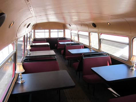 Upper deck showing more of the original seats and tables added with table lights, you can see addition of speakers in the ceiling. Description from flickr.com. I searched for this on bing.com/images Bus Restaurant, London Double Decker Bus, Food With Friends, Fullerton California, Pomona California, Old Ship, 19th Anniversary, Mobile Catering, Coffee Bike