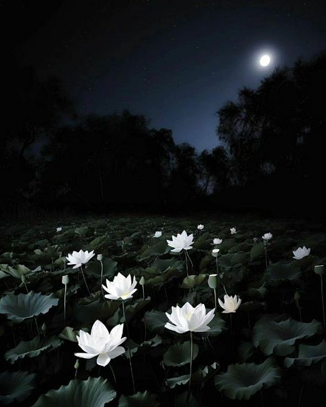 Lotus at night Tara Aesthetic, Lotus Flower Aesthetic, Queen Of The Night Flower, Moonlight Flowers, Dark Lotus, Lotus Garden, Moon Flowers, Black Lotus, Wallpapers Phone