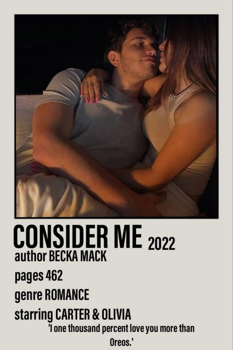 Polaroid poster including a picture of Carter and Olivia from the book Consider Me 2022 by Becka Mack from the Playing for Keeps series. 462 pages. Romance. 'I one thousand percent love you more than Oreos.' Play Me By Becka Mack, Consider Me Book Aesthetic, Play With Me Book Aesthetic, Consider Me Aesthetic, Consider Me Becka Mack Aesthetic, Playing For Keeps Becka Mack, Consider Me Becka Mack, Consider Me By Becka Mack, Becka Mack