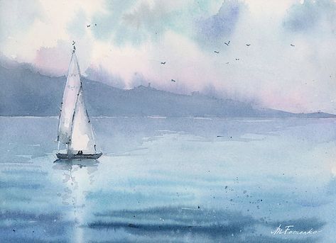 Margarita Fomenko #ritiks #Watercolor boat sailboat painting art nature ocean easy water colors watercolour inspiration blue purple artist beautiful peaceful sea regatta sailing Boat Watercolor Painting, Boat Watercolor, Watercolor Boat, Sea Drawing, Sea Artwork, Boat Drawing, Sailboat Art, Sailboat Painting, Sailing Boats