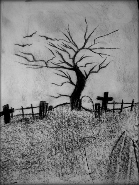 drawn cemetery and tree. Halloween Tree Drawing Easy, Cemetery Drawing Easy, Cemetery Drawing Graveyards, Grave Yard Drawing, Graveyard Sketch, Haunted Drawing, Cemetery Drawing, Cemetery Illustration, Graveyard Drawing