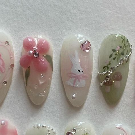 press on nails • nail design art on Instagram: "custom set ; garden bunny" 3d Bunny Nails, Bunny Nails Designs, Cute Bunny Nails, Bunny Acrylic Nails, Cottagecore Nails, Bunny Nail Art, Kawaii Nail Art, Bunny Nails, Makeup Nails Art