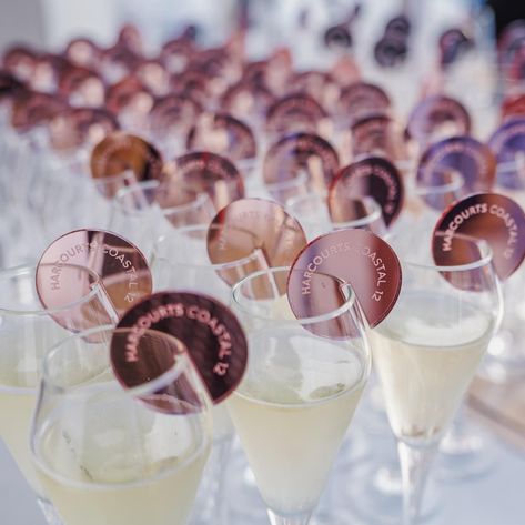 Talk about a great first impression when you walk into an event! ⁠ Getting handed a glass of bubbles is of course a win but the fact that it has a custom engraved business branded drink disk makes it a little more extra!⁠ ⁠ We love helping clients create items that are going to wow their guests, get their brand on social media and brand placement. ⁠ ⁠ Corporate events and parties are ramping up, contact us today! ⁠ ⁠ ⁠ ⁠ Brand Launch Party Ideas, Business Launch Party Ideas Decor, Brand Event Ideas, Corporate Cocktail Event, Brand Launch Party, Corporate Event Activities, Event Activations, Brand Activation Ideas, Business Launch Party