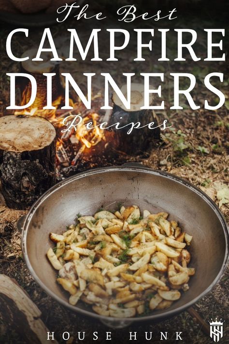 Looking for tasty campfire dinner recipes? Whether you are looking for campfire foil packets, campfire nachos, or a great chili mac recipe, you've come to the right place! Here are the best camping dinner recipes, to cook over the fire, or on the grill.  Tap to see more recipes and cooking inspiration from House Hunk + Fatherhood at Its Finest Campfire Recipes Dinner, Best Campfire Recipes, Cooking On Fire Campfires, Good To Cook Over A Fire, Gourmet Campfire Meals, Over The Fire Dinner Ideas, Cast Iron Over The Fire Recipes, Lodge Cook It All Recipes, Cooking On A Campfire