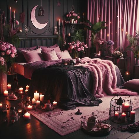 Pink Witch Bedroom, Pink Gothic Bedroom, Pastel Goth Bedroom Aesthetic, Bat Bedroom, Vampy Bedroom, Pink And Black Bedroom Aesthetic, Dark Feminine Room Aesthetic, Pink Gothic Aesthetic, Cozy Witchy Bedroom