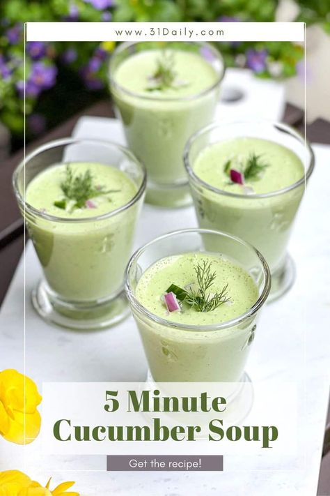 This Cucumber Soup is a delicious and bright creamy soup, perfect for a hot summer day. It's packed with healthy ingredients pureed in a blender in 5 minutes or less, plus chilling time. Cold Cucumber Soup, Too Hot To Cook, Cold Soup Recipes, Cucumber Soup, 31 Daily, Cucumber Benefits, Chilled Soup, Summer Soup, Easy Cold