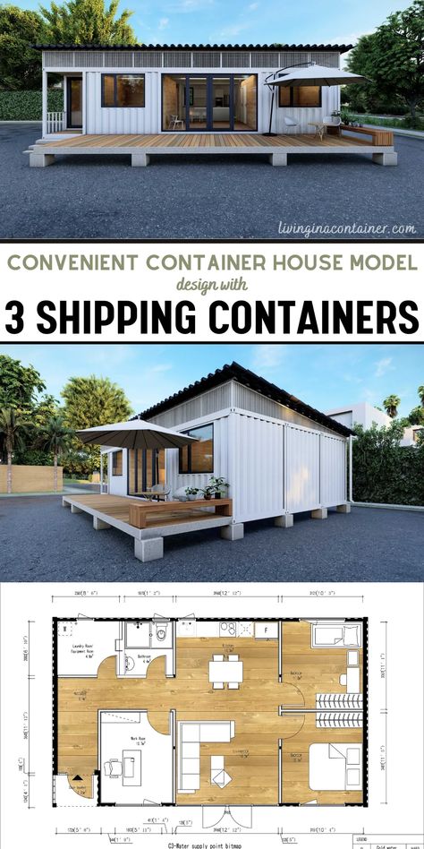 Convenient Container House Model Designed with 3 Shipping Containers - Living in a Container Plan Chalet, Shipping Container Home Designs, Bedroom Barndominium, Storage Container Homes, Container Cabin, Shipping Container House Plans, Container Buildings, Building A Container Home, Container Architecture