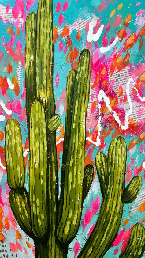 A vibrant pink underpainting and expressive abstract backgound make this saguaro painting especially engaging! Acrylic Original available for sale. Pink Underpainting, Saguaro Painting, Art Inspiration, The Originals, For Sale, Pink, Art