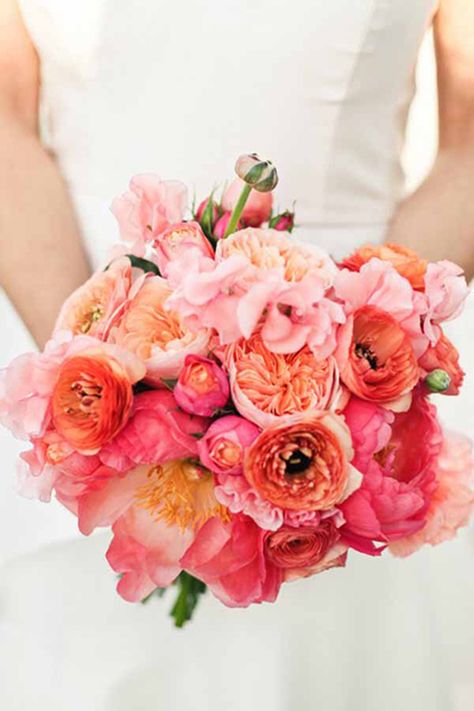 vibrant coral pink wedding bouquets with ranunculuses Pink Ombre Wedding, Ranunculus Wedding, Coral Wedding Flowers, Floral Wedding Inspiration, Peach Bouquet, Bridal Bouquet Pink, Coral Wedding, Poppy Red, Peach Wedding