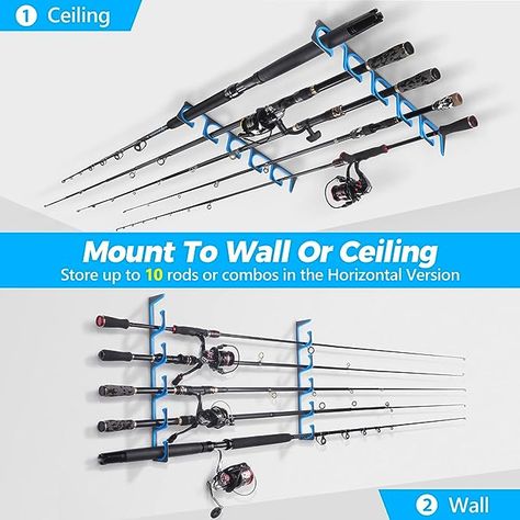 Fishing pole holder can mounts on the ceiling or wall of your garage, home, cabin, boathouse or shed. The big diamete designed allows you to store up to 10 all kinds of rods or combos in the market, and part of nets! Storing Fishing Poles In Garage, Fishing Pole Holder, Fishing Rod Accessories, Fishing Rod Rack, Rod Rack, Woodworking Project Plans, Toddler Car Seat, Storage Racks, Fishing Rod Holder