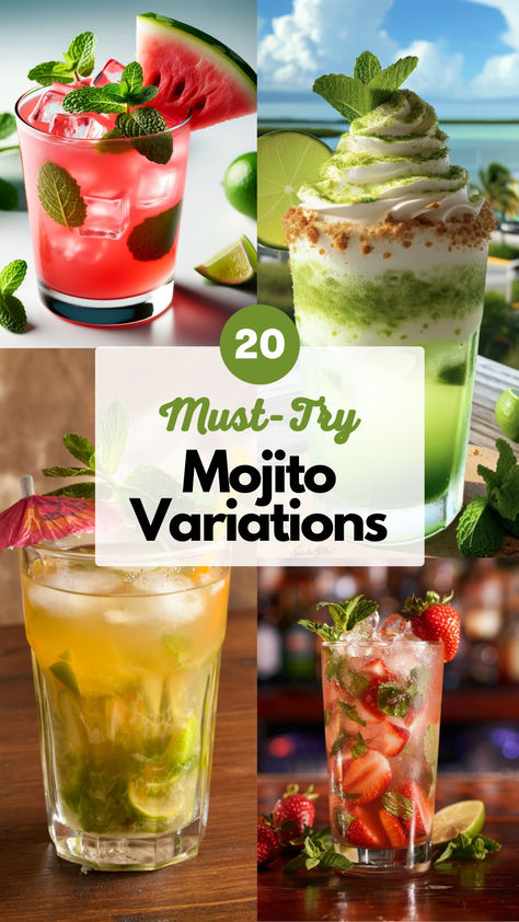 Mojito Flavors and Variations Types Of Mojitos, Flavored Mojito Recipe, Mojito Bar Drink Stations, Mojito Variations, Mojito Flavors, Mojitos Recipe, Mango Mojito Recipe, Mojito Drinks, Mojito Pitcher