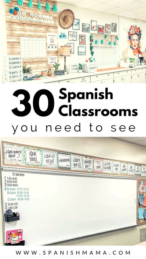 Get a look into Spanish classrooms from all over and see how ordinary teachers are setting up and organizing their rooms. Language Classroom Decor, Bilingual Classroom Decor, Spanish Teacher Classroom, Kids Classroom Decor, Spanish Classroom Decor, Spanish Teacher Resources, World Language Classroom, Spanish Classroom Activities, World Language