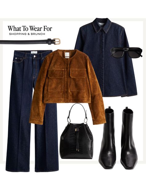 Bucket bag curated on LTK Winter Outfits Trend 2024, Dark Denim Outfit, Brown And Black Outfit, Corporate Girly, Tweed Jacket Outfit, Suede Jacket Outfit, Outfits Primavera, October Fashion, Jacket Outfit Women