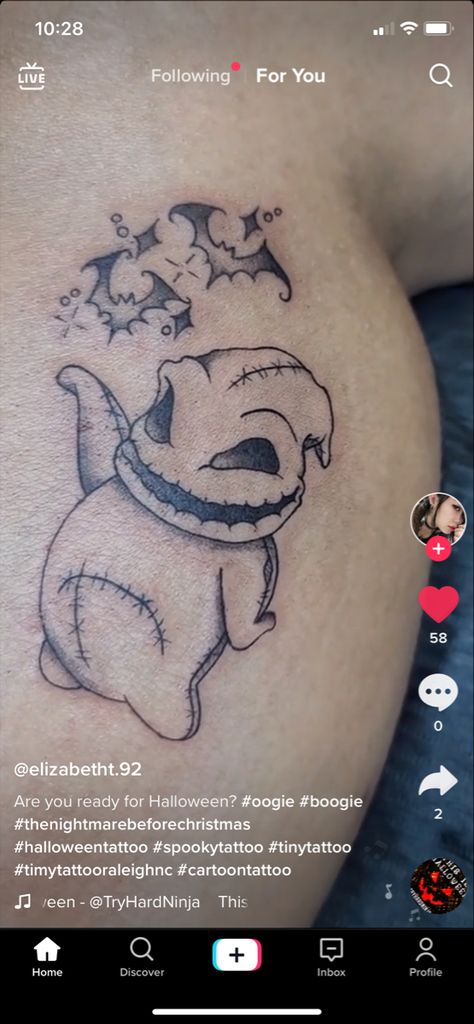 Easy Disney Tattoos, Jack And Oogie Boogie Tattoo, Small Matching Spooky Tattoos, Mini Nightmare Before Christmas Tattoo, Small Cute Halloween Tattoos, Oggie Boogie Tattoo, Oogie Boogie Tattoo Design, Boogieman Tattoo, Nightmare Before Christmas Sally Tattoo