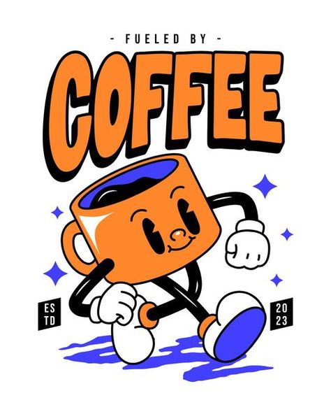 T Shirt Coffee Design, Retro Character Poster, Chill Character, Coffee Mascot, Retro Character Design, Coffee Chemistry, Retro Graphic Design, Retro Artwork, Design Techniques