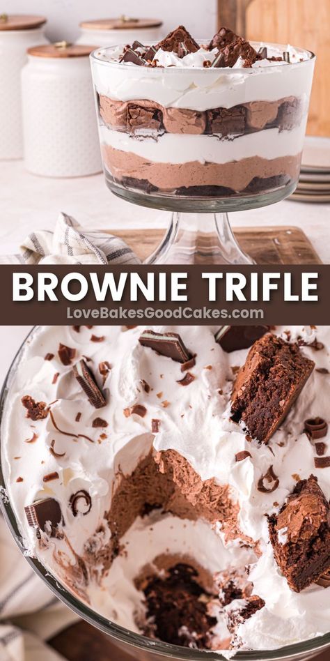 Brownie Trifle pin collage Brownie Trifle Recipe, Quick Sweets, Best Egg Recipes, Food And Drink Recipes, Comfort Food Desserts, Brownie Trifle, Super Easy Desserts, Healthy Summer Desserts, Chocolate Trifle