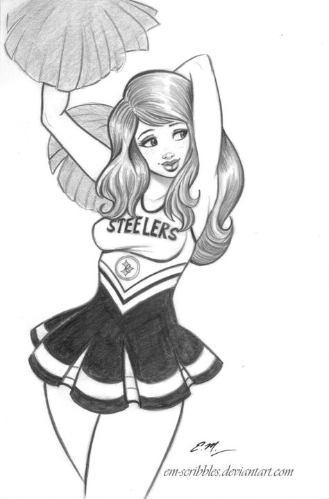 Cheerleader Drawing Reference, How To Draw A Cheerleader, How To Draw A Cheerleader Easy, Cheerleader Drawing Sketches, Cheerleading Drawings, Cheerleader Drawing Easy, Cheerleader Drawing, Cheerleader Doodle, Cheerleader Art Drawing