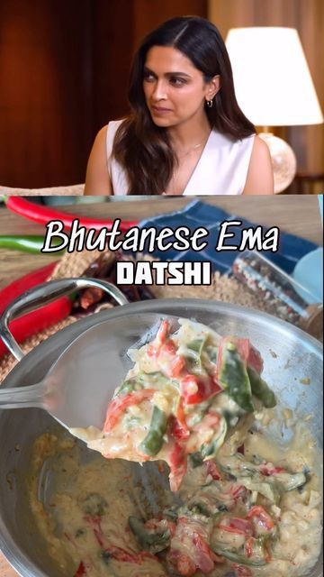 @nehadeepakshah on Instagram: "Deepika Padukone’s pick from Bhutan, Ema Datshi - Bhutanese National Dish, Ema means chillies & datshi is cheese. It is a spicy dish which was made to suit the Bhutan winters. @deepikapadukone Just refreshed a memory from one of my most loved holiday. We went to Bhutan is 2017 & it was fantastic, 2 things that I remember are - The Happiest people & Ema Datshi + Kewa Datshi. Kewa Datshi is equally delicious. It’s super easy & honestly traditionally processed cheese isn’t used. It is more like a cottage cheese that is locally produced but now most restaurants make this version. I like it thicker & like a side dish. 1 tsp Oil 4 to 5 Cloves of garlic 1 Small Onion 2 Spicy Chillies Some Red Chilli, Whole A Mix of spicy & non spicy long chillies (The green o Cheese Chilli Recipe, Ema Datshi, Chilli Recipes, National Dish, Spicy Dishes, Quick Recipes Snacks, Chili Cheese, Red Chilli, Deepika Padukone