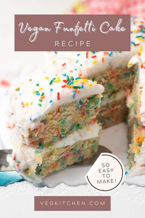 This homemade vegan funfetti cake is fluffy, moist, and bursting with colorful sprinkles! And topped with a delicious funfetti frosting too. Vegan Funfetti Cake, Funfetti Frosting, Vegan Buttercream Frosting, Vegan Birthday Cake, Gluten Free Brands, Vegan Buttercream, Confetti Cake, Vegan Cake Recipes, Funfetti Cake