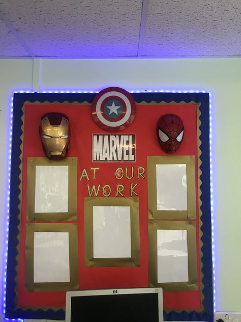 Marvel Classroom Decorations, Avengers Classroom Theme, Spiderman Classroom, Marvel Classroom Theme, Superhero Classroom Bulletin Boards, Year 3 Classroom, Marvel Classroom, Class Charter, Iron Man Theme