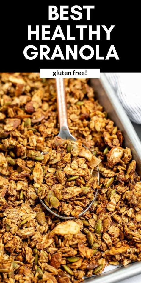 This is the best homemade oven baked granola recipe! This healthy granola is made with oats, almond butter, pumpkin seeds and is totally vegan and gluten free. Sweetened with maple syrup for a healthy and easy breakfast. Healthy Gluten Free Granola, Baked Granola Recipe, Pumpkin Seed Granola, Gluten Free Granola Recipe, Dairy Free Pasta Recipes, Homemade Crackers Recipe, Gluten Free Snacks Recipes, Scrambled Tofu Recipe, Easy Homemade Granola