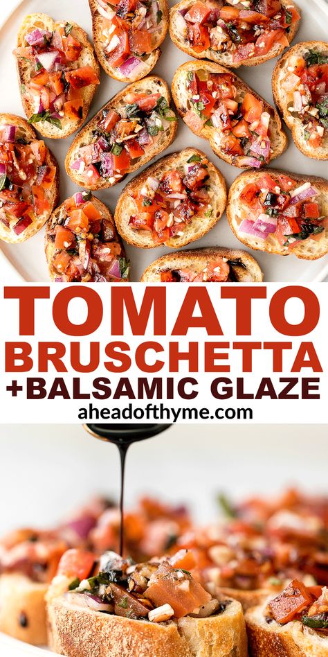 Crostini Appetizers Tomato, Baked Bruchetta Appetizers, Balsamic Bruchetta Recipe, Bruschetta Balsamic Glaze, Tomato Brushetta Appetizers, Dinner Appetizer Recipes, Bruschetta Recipe With Balsamic Glaze, Brushetta Recipes With Balsamic, Tomato Bruschetta With Balsamic Glaze