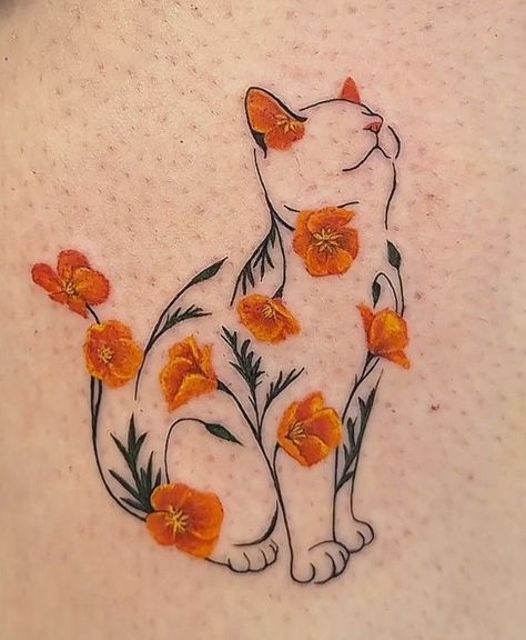 Butterfly Tattoo On Calf, Feminine Cat Tattoos, Double Hip Tattoo, Pumpkin Cat Tattoo, Cat Plant Tattoo, Cat And Flower Tattoo, Cat Flower Tattoo, Silly Little Tattoos, Fruit Tattoo Ideas