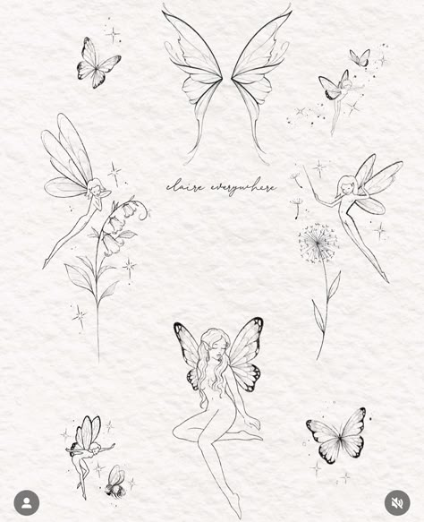 Fairy Tattoo For Women, Pixie Butterfly Tattoo, Daisy Fairy, Unique Tattoo Ideas Sketches, Mystical Butterfly Tattoo, Daisy Fairy Tattoo, Fairy Garden Ideas Tattoo, Dancing Fairies Tattoo, Quarter Sized Tattoos