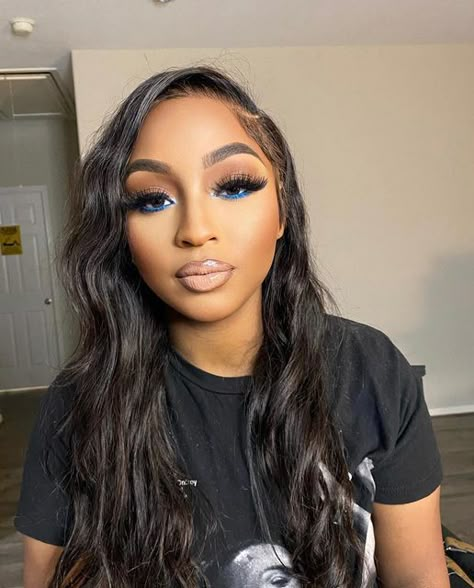 Blue Waterline Makeup Black Women, September Books, Baddie Glam, Birthday Makeup Looks, Under Eye Makeup, Face Beat Makeup, Brown Girls Makeup, Blue Makeup Looks, Light Makeup Looks