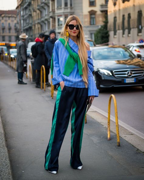 The Best Street Style At Milan Fashion Week AW18+#refinery29uk Adidas Track Pants Outfit, Sport Street Style, Track Pants Outfit, Italian Fashion Street, Oversized Crewneck, Milano Fashion Week, Sport Style, Street Style Trends, The Best Street Style