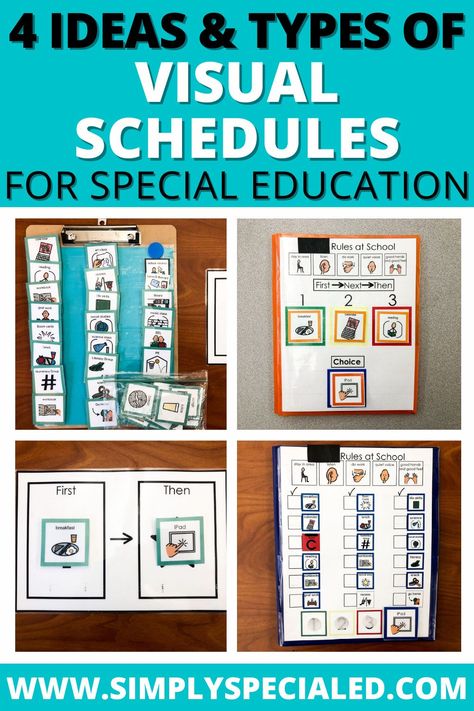 Creating schedules for your special education classroom doesn't have to be complicated, but it's good to use variety based off of your individual students' level. In this post, I'm sharing ideas and tips for integrating 4 different types of schedules that I use with my elementary special education students. Providing a structured schedule and predictable routine is a great way to support your special ed students, and also set them up for success! Choice Board Special Education, Individual Visual Schedule Preschool, Individual Student Visual Schedule, Special Ed Visual Schedule, Special Ed Schedule Ideas, Sped Visual Schedule, Pre K Special Education, Special Education Schedule Ideas, Special Education Visuals