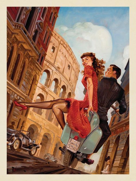 Oil Painting: Rome By Vespa Stare Reklamy, Vintage Italian Posters, Italian Posters, Anderson Design Group, Deco Poster, Retro Travel Poster, Edward Hopper, Art Deco Posters, Vintage Poster Art