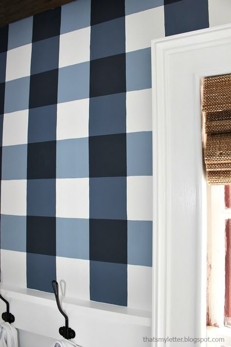 How To Paint Plaid Pattern Buffalo Check, Plaid Walls Painted, Diy Plaid Wall Paint, Gingham Painted Walls, Plaid Painted Wall, Bm Hale Navy, Painting Plaid, Benjamin Moore Hale Navy, Navy Paint Colors