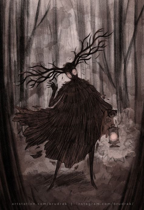 Creepy Fairytale Art, Unsettling Art Weird, Dark Fairytale Illustration, Flat Woods Monster, Scary Forest Drawing, Folk Horror Art, The Beast Over The Garden Wall, Nomadic Drawing, Old Halloween Aesthetic