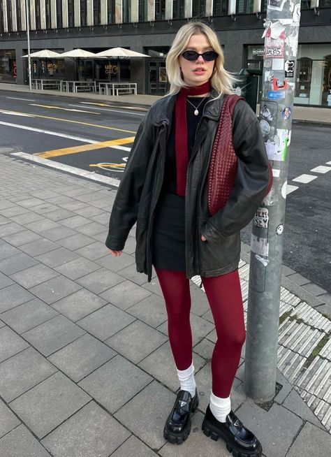 Socks And Tights Street Style, Burgundy Tights Outfits, Burgundy Socks Outfit, Cherry Tights Outfit, Linda Sza Outfits, Red Tights Outfit Aesthetic, Burgundy Mini Skirt Outfit, Burgundy Tights Outfit Winter, Cherry Red Shoes Outfit