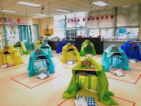 Camping Classroom Party, Camping In Classroom For Kids, Camping Theme Class Party, Camping In Classroom, Classroom Camping Ideas, Classroom Campout Day, Classroom Theme Party, Reading Campout In Classroom, Camping Day In The Classroom