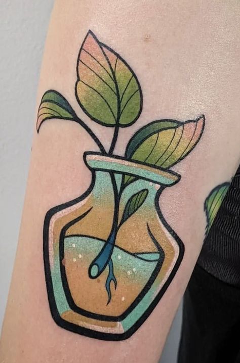 Plant Shelf Tattoo, Plant Leaf Tattoo, Boba Tattoo, Small Plant Tattoo, Illustrative Tattoos, Tattoo 2024, American Traditional Tattoo Ideas, Flower Floor, Traditional Tattoo Ideas