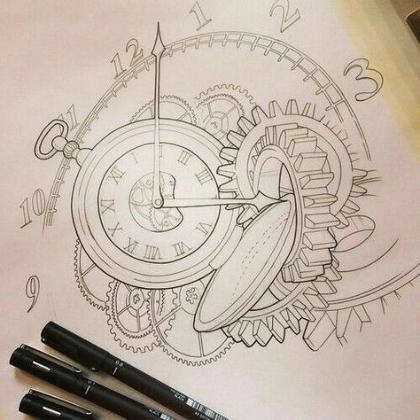 Pocket Watch Drawing, Clock Drawing, Watch Tattoo Design, Gear Tattoo, Compass Drawing, Clock Drawings, Pocket Watch Tattoos, Steampunk Tattoo, Watch Drawing