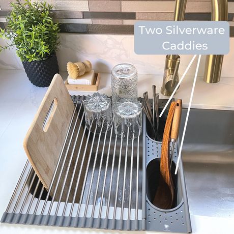 Ditch bulky plastic countertop drying racks for our space-saving roll-up dish rack! Our roll up dish rack is made from high quality food-grade silicone and stainless steel. It comes equipped with two spacious built-in, collapsible silverware caddies that can be used to store sustainable kitchen brushes, dish soap or dr Modern Dish Rack Ideas, Roll Up Dish Drying Rack, Dry Rack Dishes, Countertop Dish Drying Rack, Kitchen Drying Rack Ideas Space Saving, Dish Rack In Sink, Farmhouse Sink Dish Drying Rack, Farmhouse Sink Drying Rack, In Sink Drying Rack