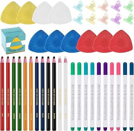 Amazon.com: Swpeet 43Pcs Sewing Tools Kit, 10Pcs Professional Tailor's Chalk and 12Pcs Sewing Mark Pencil with 12Pcs 5 Color Disappearing Erasable Ink Fabric Marker Pen and 10Pcs Plastic Clips for Sewing Marking Tailors Chalk, Disappearing Ink, Creative Arts And Crafts, Plastic Clips, Fabric Markers, Marking Tools, Sewing Tools, Creative Hobbies, Marker Pen