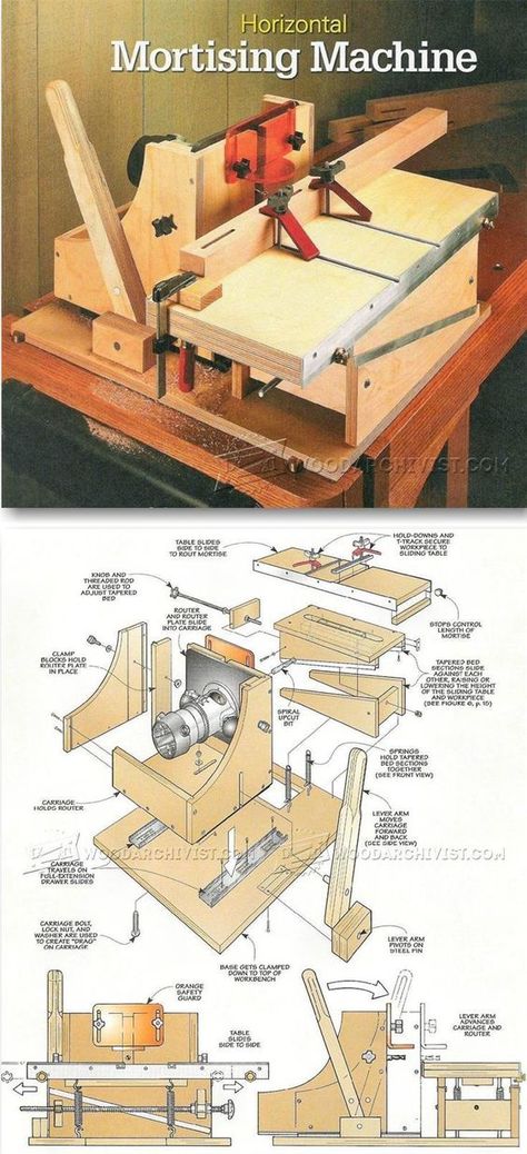 DIY Mortising Machine - Joinery Tips, Jigs and Techniques | WoodArchivist.com: Woodworking Drill Press, Mortising Machine, Fence Planning, Press Table, Drill Press Table, Extendable Table, Workshop Organization, Table Plan, Shop Tools